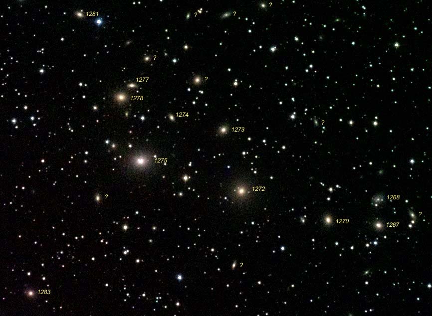 Perseus cluster with galaxies labelled by NGC number